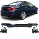 Diffuser Glans Zwart + 4 x Echt Carbon Uitlaat Sierstuk Voor Bmw 5 Serie F10 F11 535i 535D