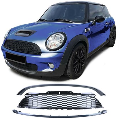 Grill-Set-Glans-Zwart-Mini-R55-R56-3-delig-Sportieve-Frontupgrade