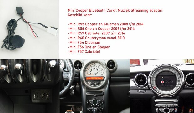 Mini R55 R56 R57 R60 F54 F56 F57 One Cooper D S 07 t/m 14 Aux Bluetooth Carkit Muziek Streaming Adapter 