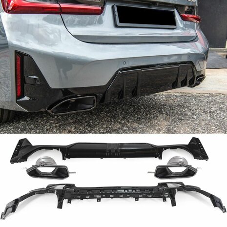 Diffuser + Uitlaat Sierstuk Zwart Voor Bmw 3 Serie G20 G21 LCI M Pack M340 Look 