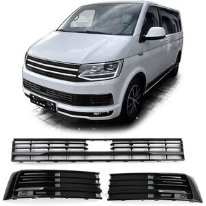 Bumper Grill Hoogglans Zwart Met ACC  Geschikt Voor Volkswagen T6 Transporter Multivan 2015 t/m 2019
