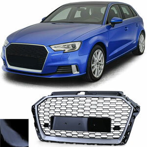 Audi A3 8V RS3 Look Sport Grill Zonder Embleem Hoogglans Zwart Grijze Bies Honingraat 