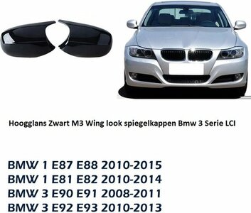 BMW 3 Serie E90 E91 E92 E93 LCI M3 Look Wing Spiegelkappen Hoogglans Zwart