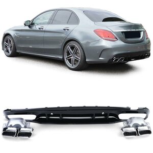 Achterbumper Diffuser C63 AMG Look Voor Mercedes C Klasse W205 Facelift met 4 x Chrome uitlaat Design 